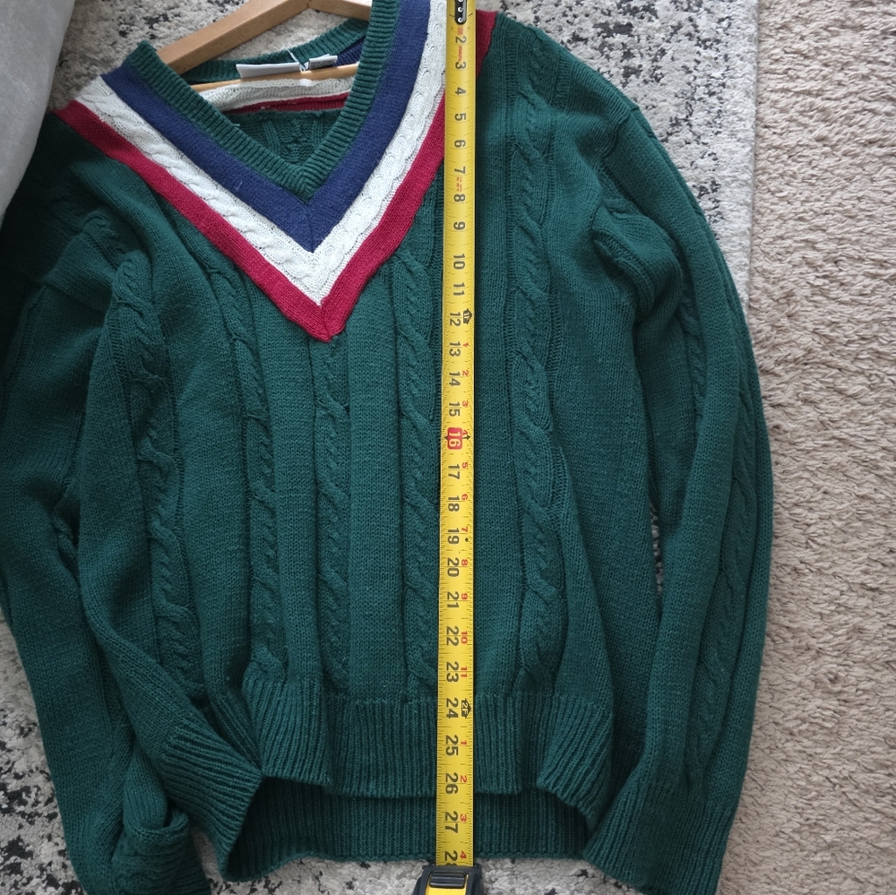 Vintage 90s Weekends Vneck Cableknit Sweater Mens L Cotton Blue Green Red White - Picture 5 of 8